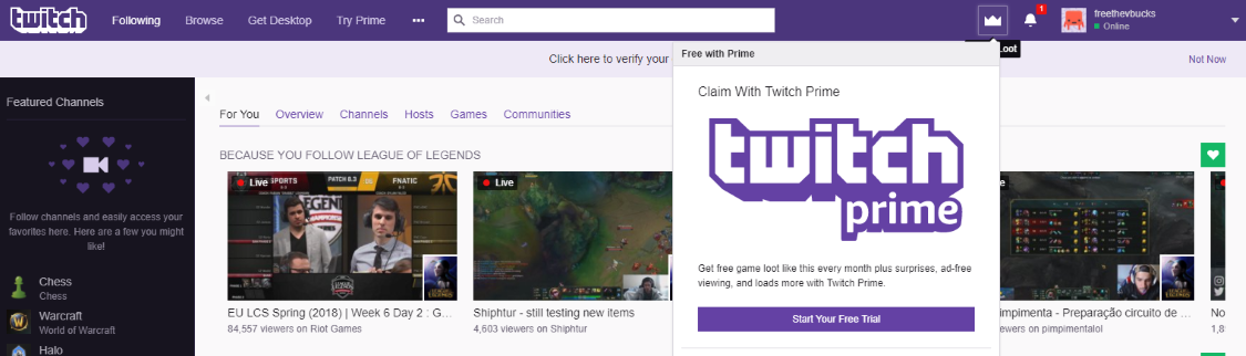 Start trial to claim Twitch Prime rewards